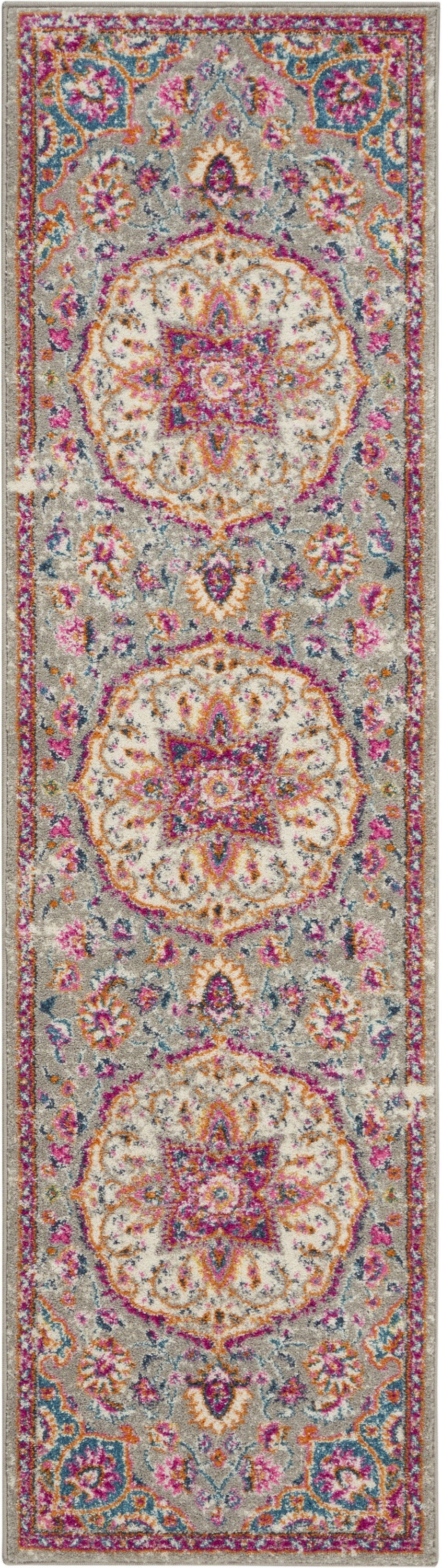 2' X 6' Gray And Pink Medallion Runner Rug