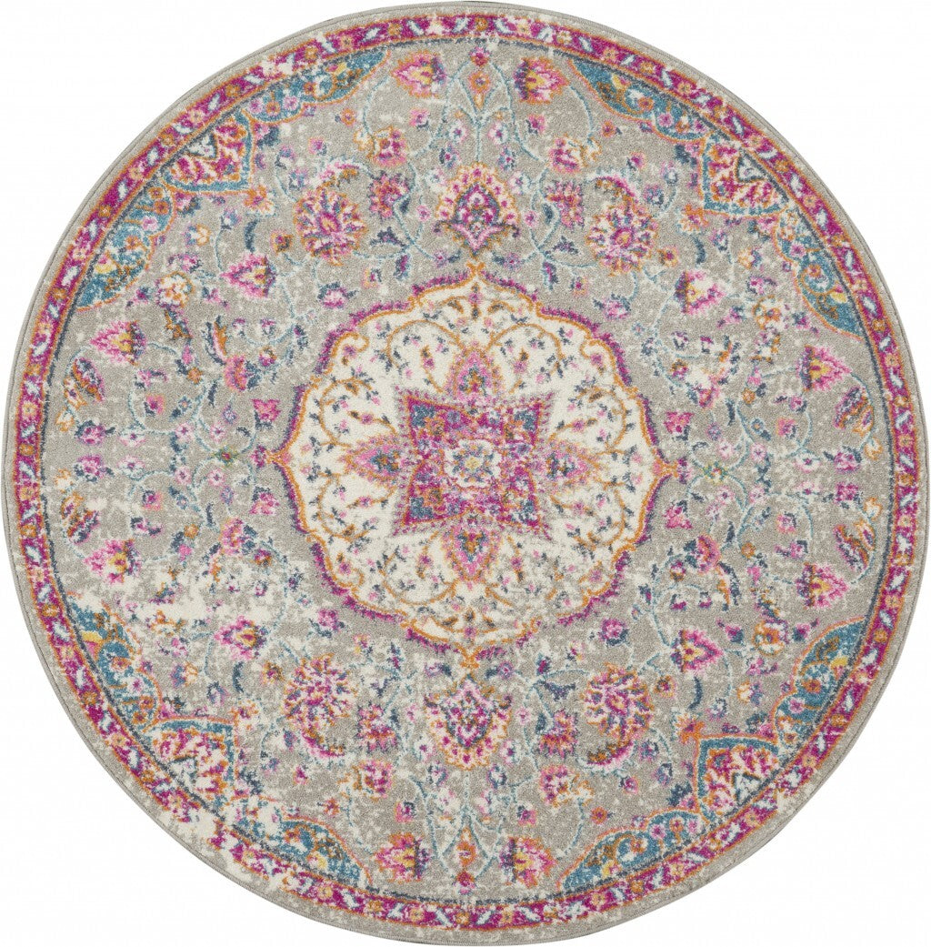 5' Round Gray And Pink Medallion Area Rug
