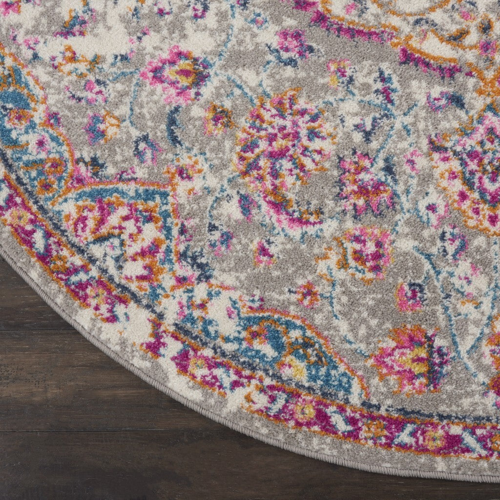 5' Round Gray And Pink Medallion Area Rug
