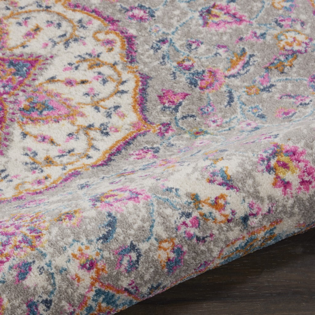 5' Round Gray And Pink Medallion Area Rug