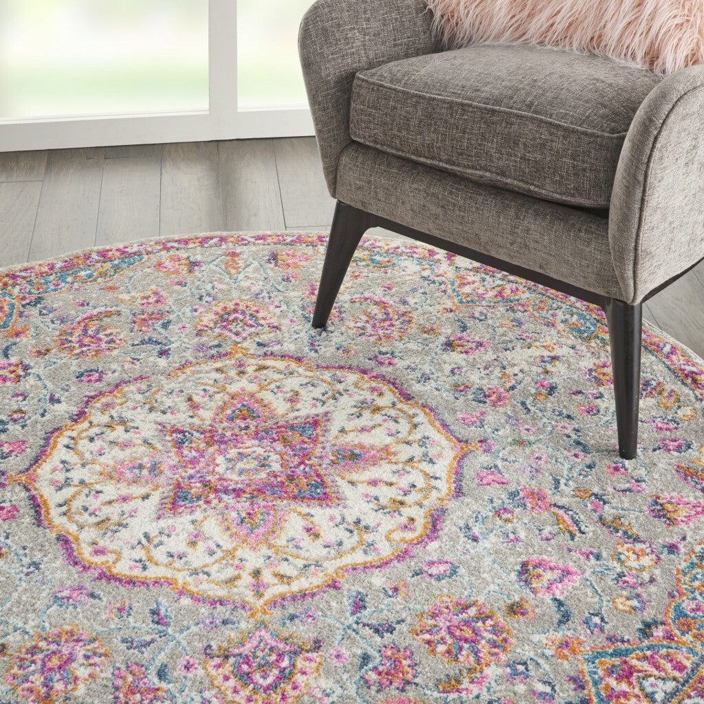 5' Round Gray And Pink Medallion Area Rug