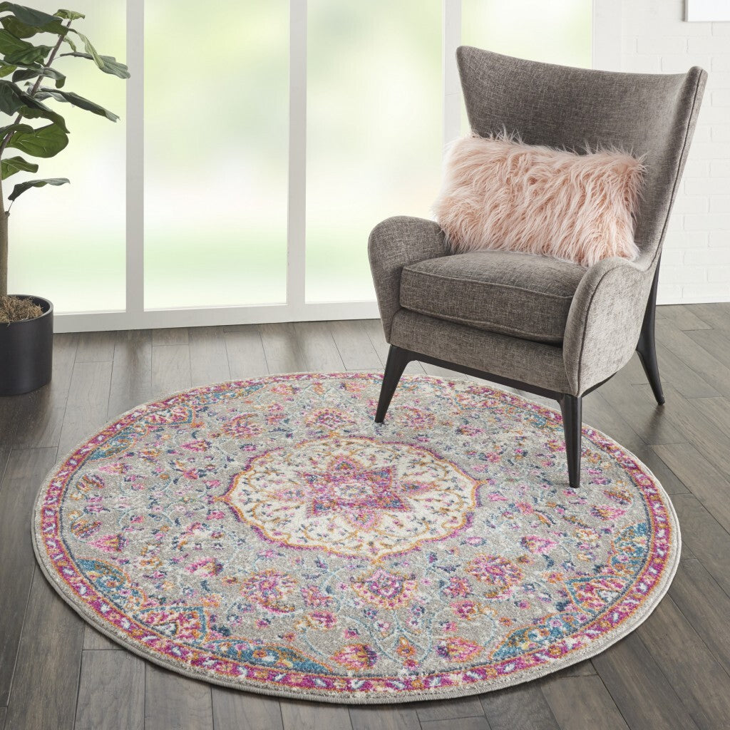 5' Round Gray And Pink Medallion Area Rug
