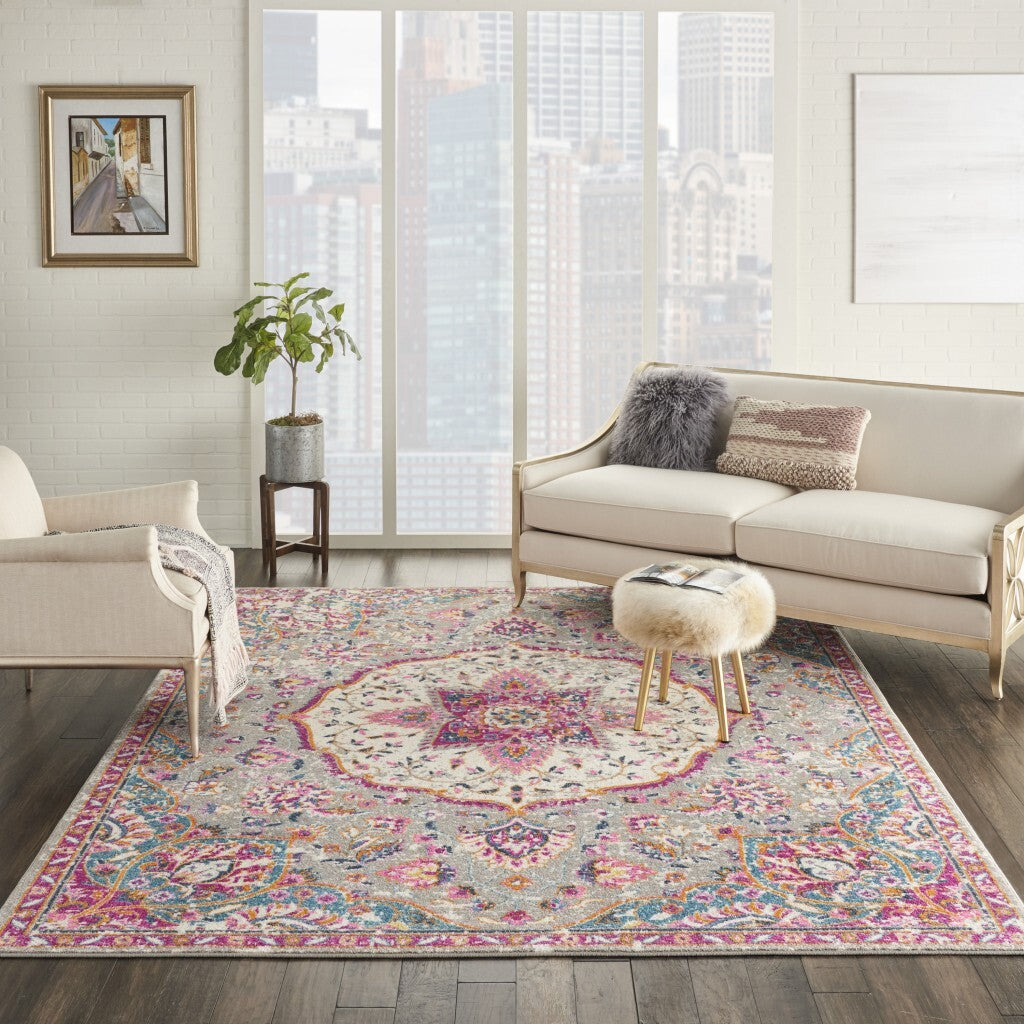 7' X 10' Gray And Pink Medallion Area Rug