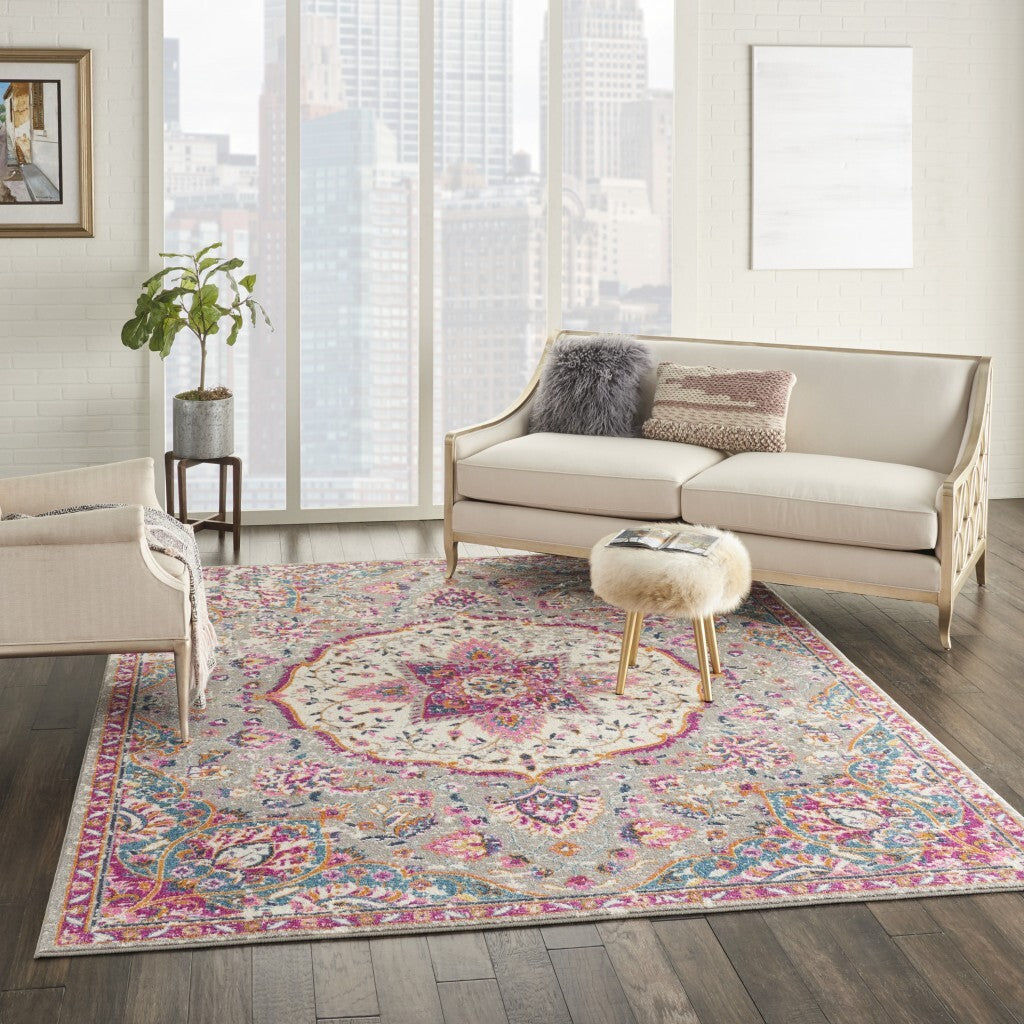 7' X 10' Gray And Pink Medallion Area Rug