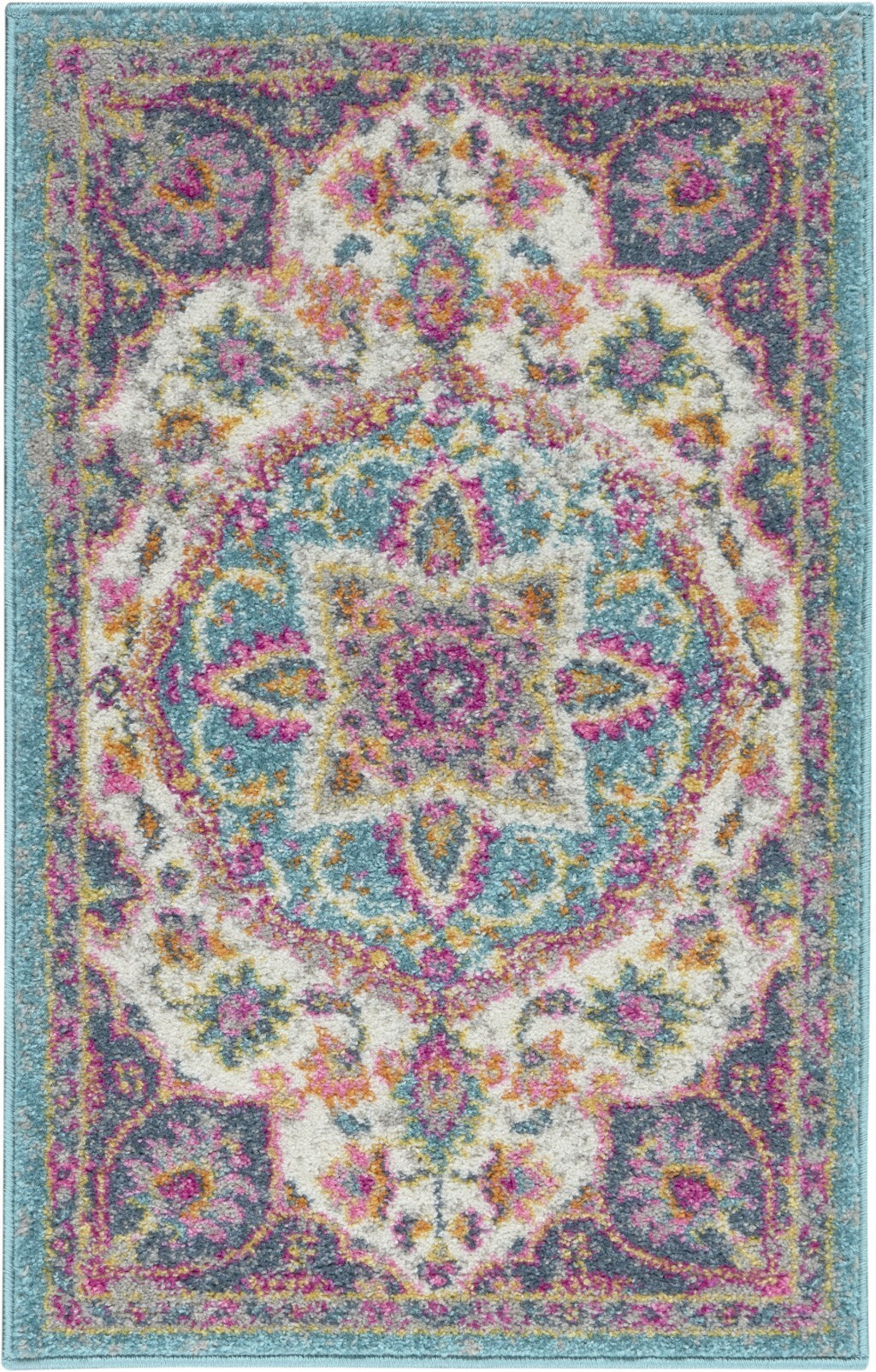 2' X 3' Pink And Blue Floral Medallion Scatter Rug