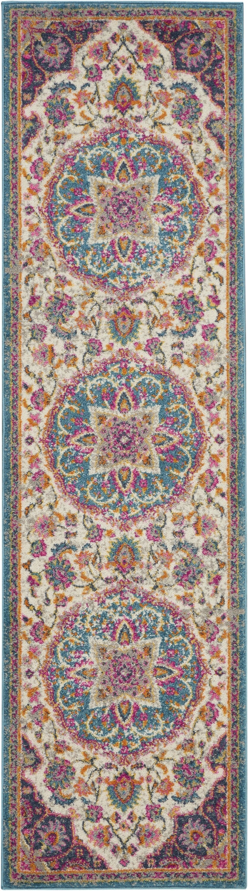 2' X 6' Pink And Blue Floral Medallion Runner Rug