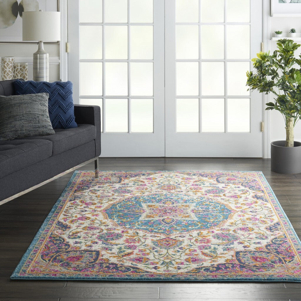 5' X 7' Pink And Blue Floral Medallion Area Rug