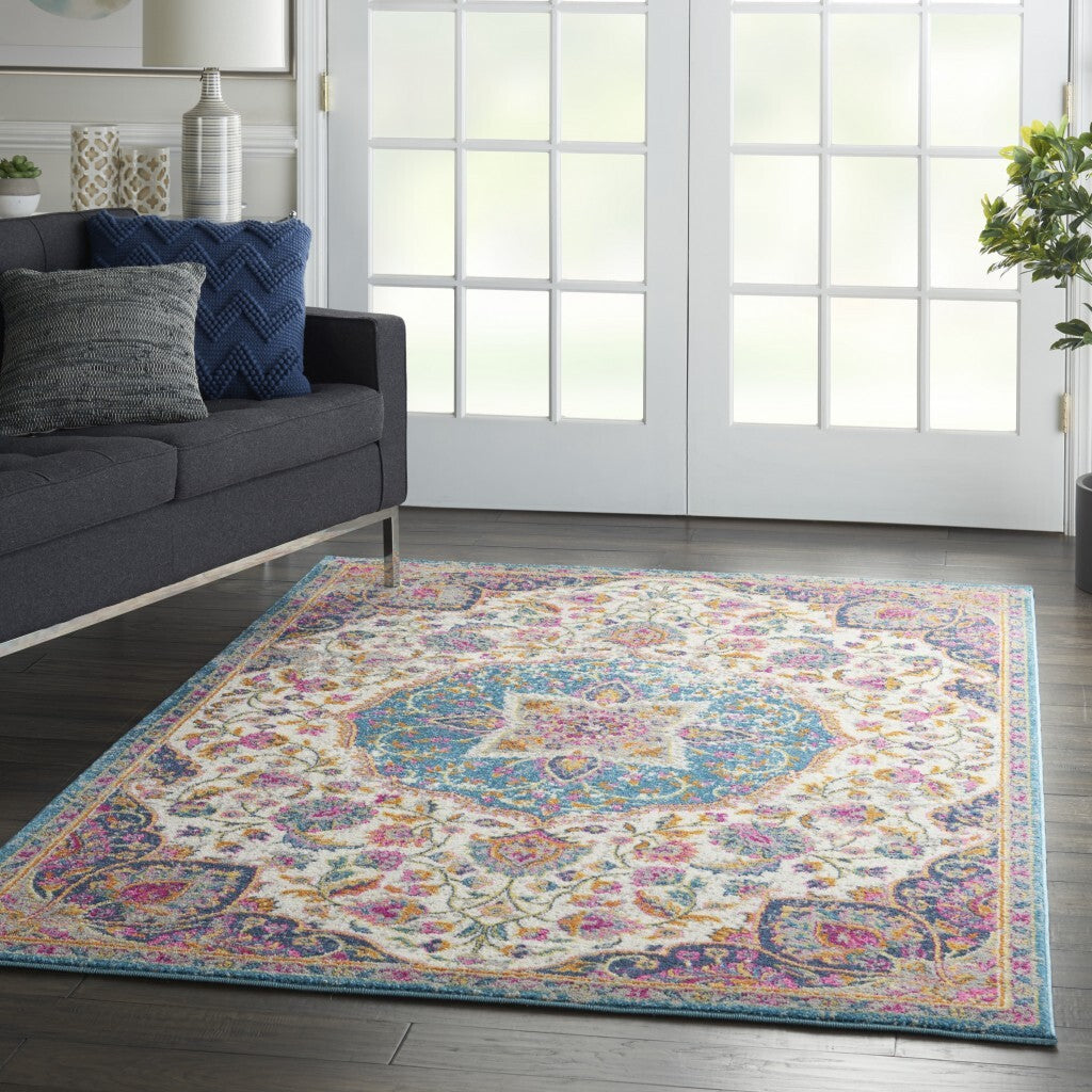 5' X 7' Pink And Blue Floral Medallion Area Rug
