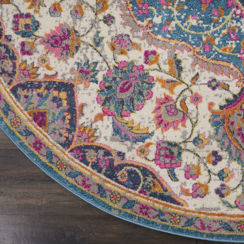 5' Round Pink And Blue Floral Medallion Area Rug