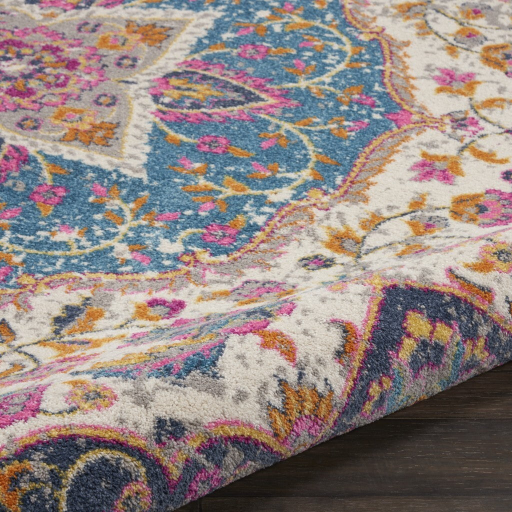 5' Round Pink And Blue Floral Medallion Area Rug