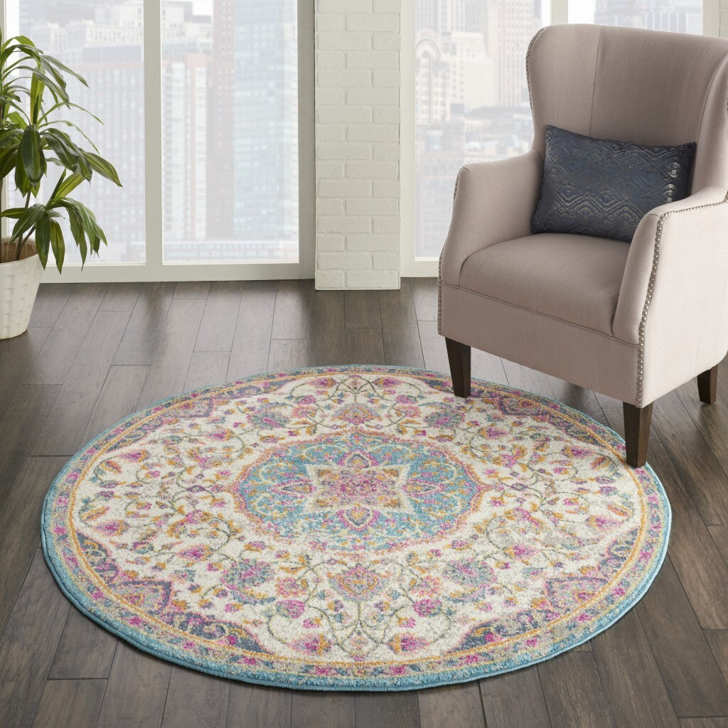 5' Round Pink And Blue Floral Medallion Area Rug