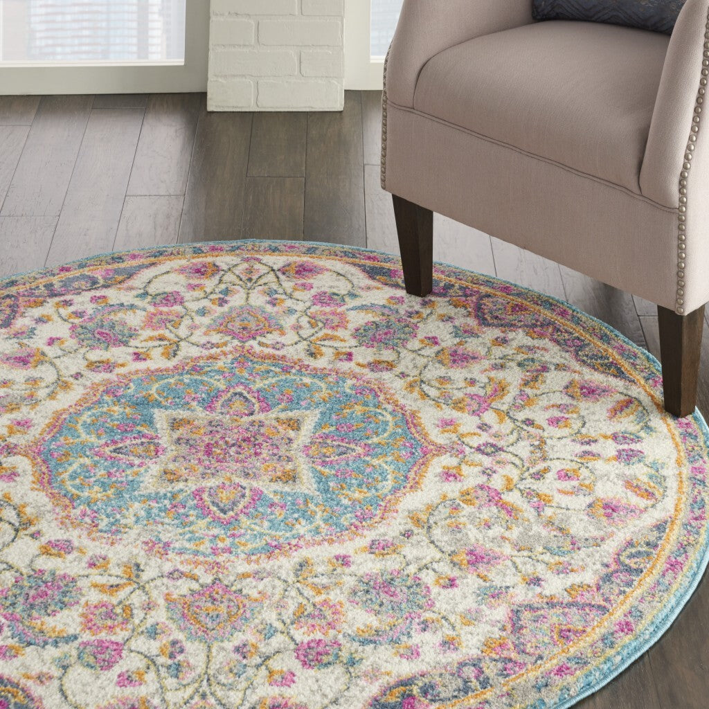 5' Round Pink And Blue Floral Medallion Area Rug