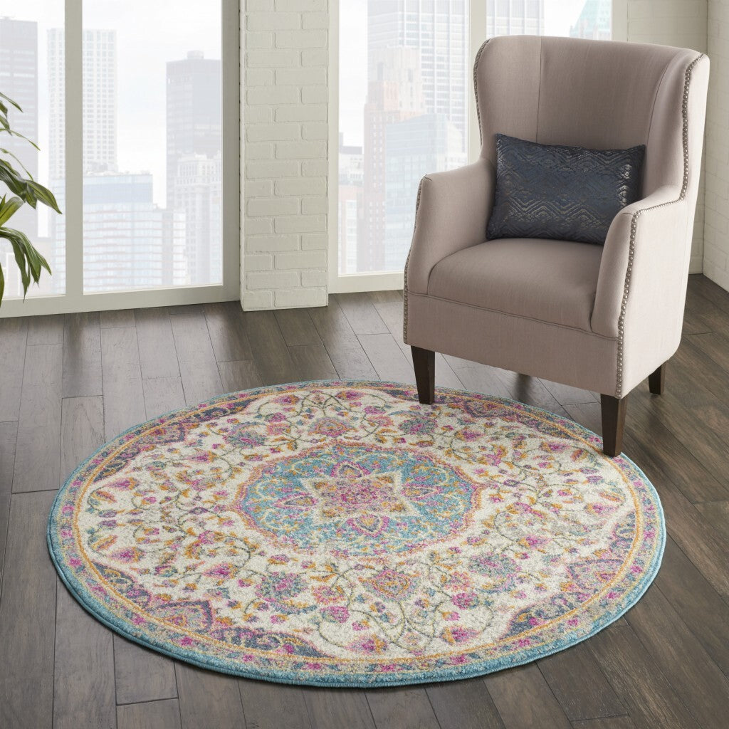 5' Round Pink And Blue Floral Medallion Area Rug