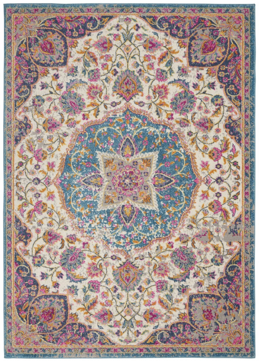 7' X 10' Pink And Blue Floral Medallion Area Rug