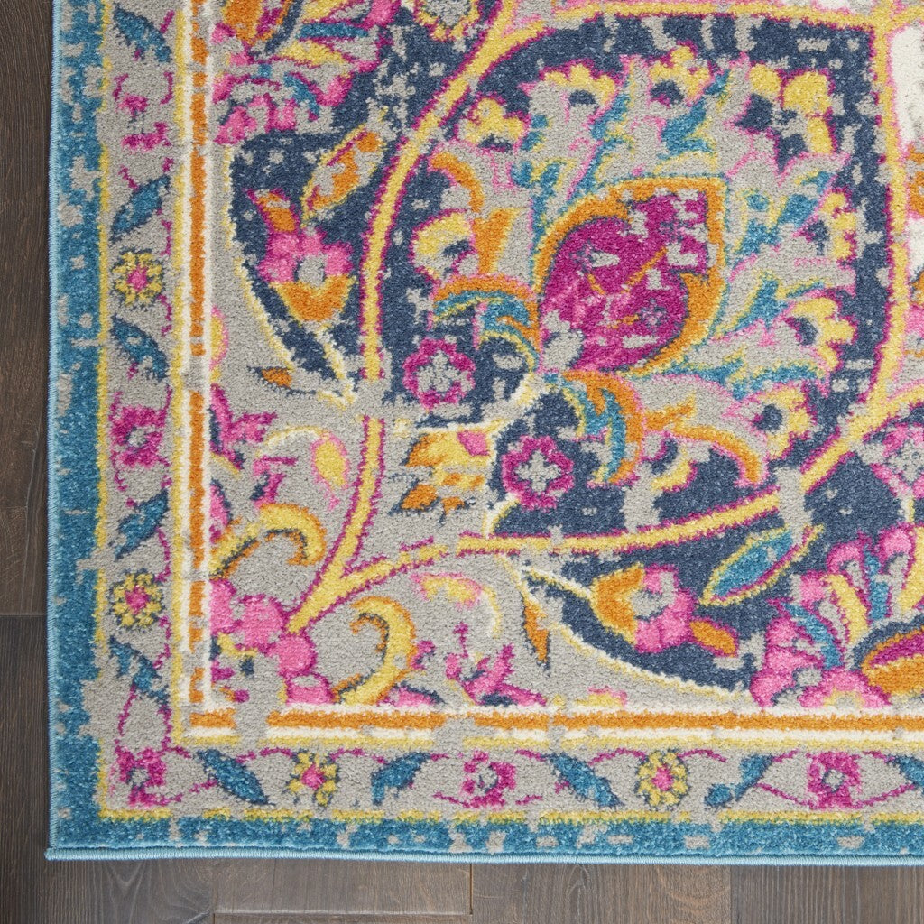 7' X 10' Pink And Blue Floral Medallion Area Rug