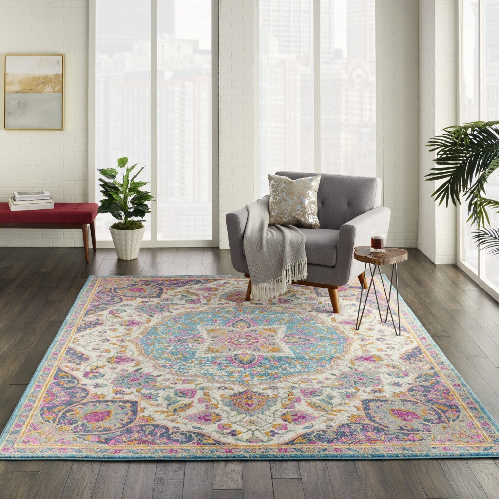 7' X 10' Pink And Blue Floral Medallion Area Rug