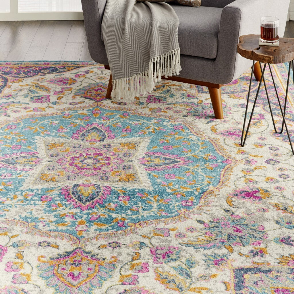 7' X 10' Pink And Blue Floral Medallion Area Rug