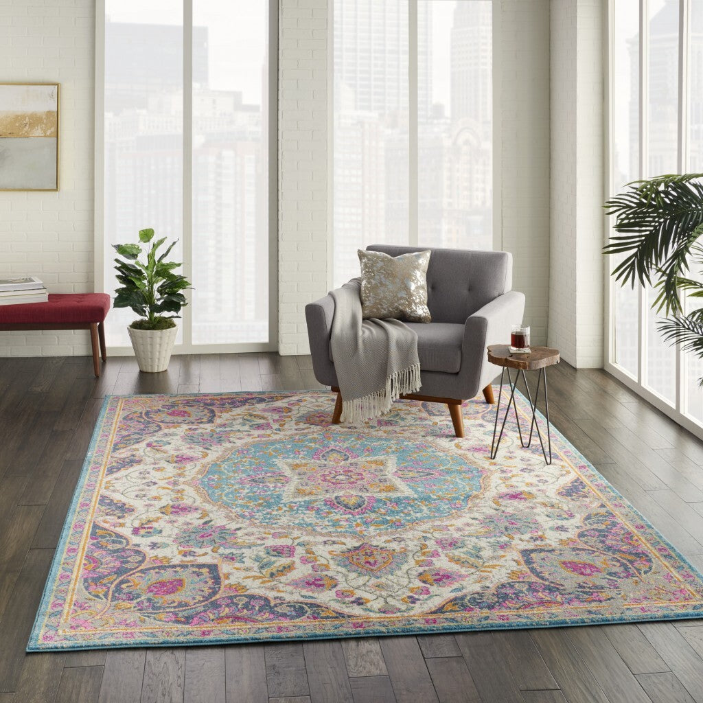 7' X 10' Pink And Blue Floral Medallion Area Rug