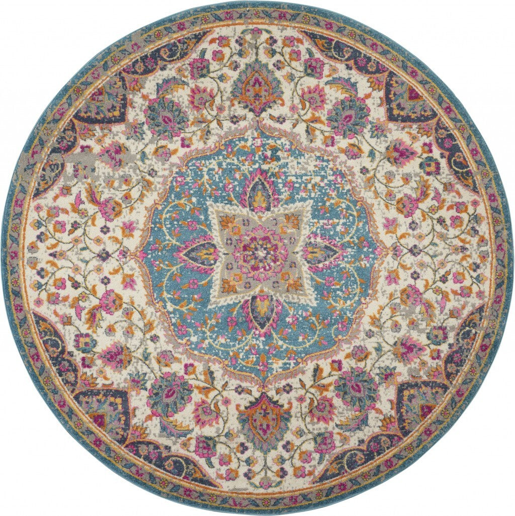 8' Round Pink And Blue Floral Medallion Area Rug