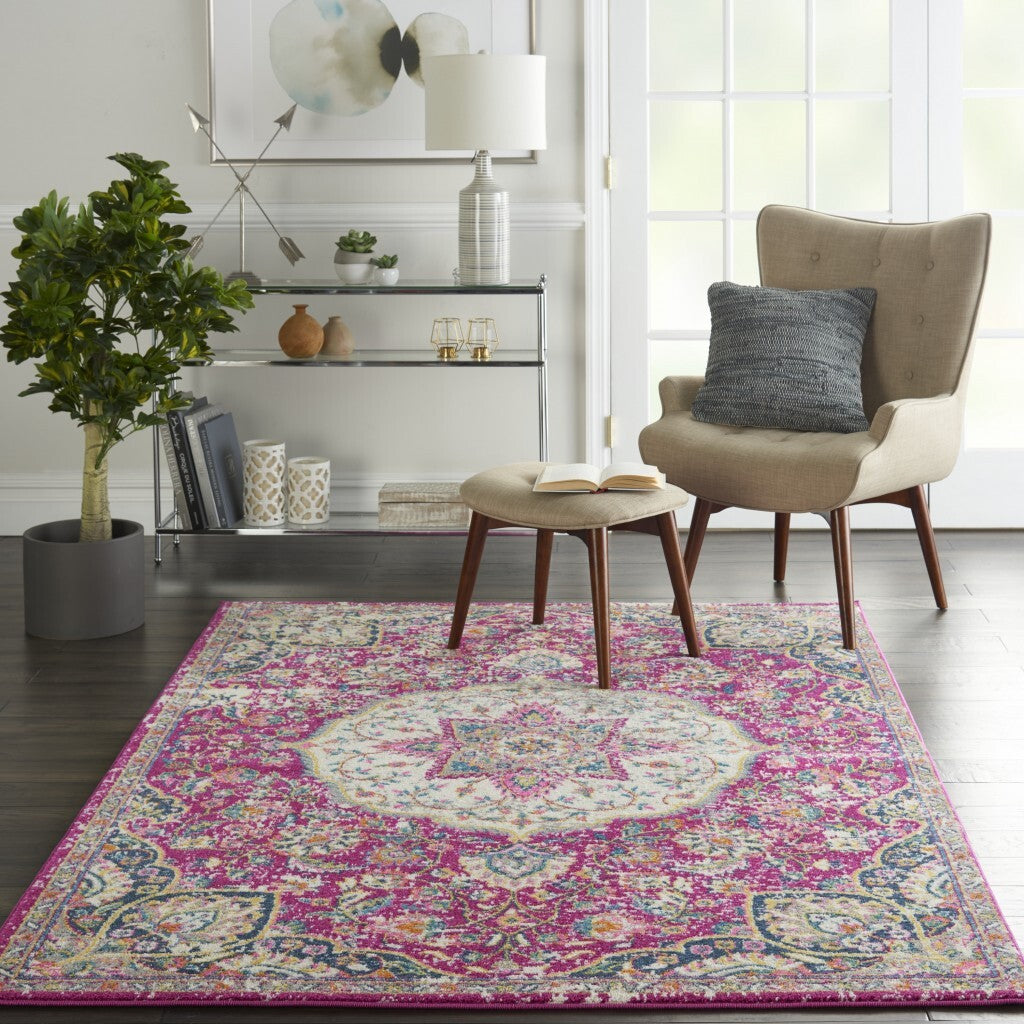 5' X 7' Pink And Ivory Medallion Area Rug