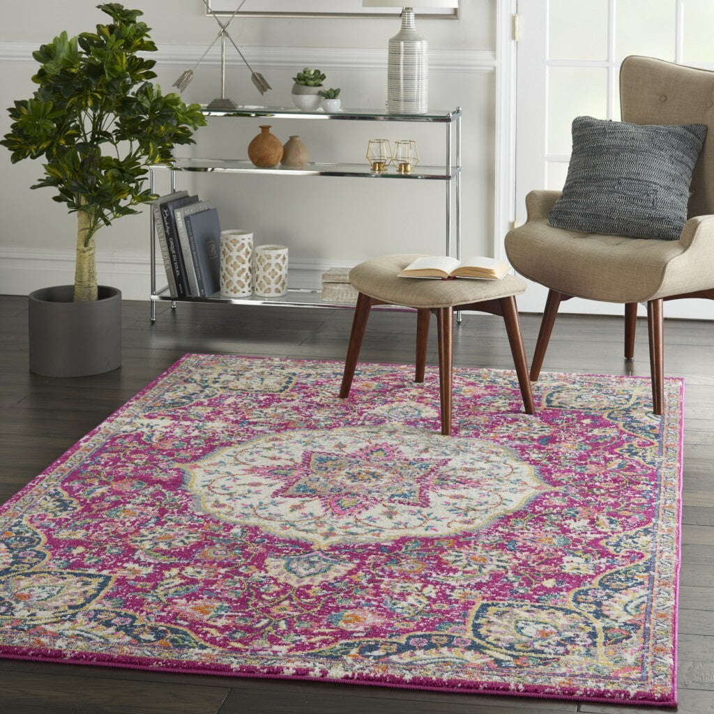 5' X 7' Pink And Ivory Medallion Area Rug