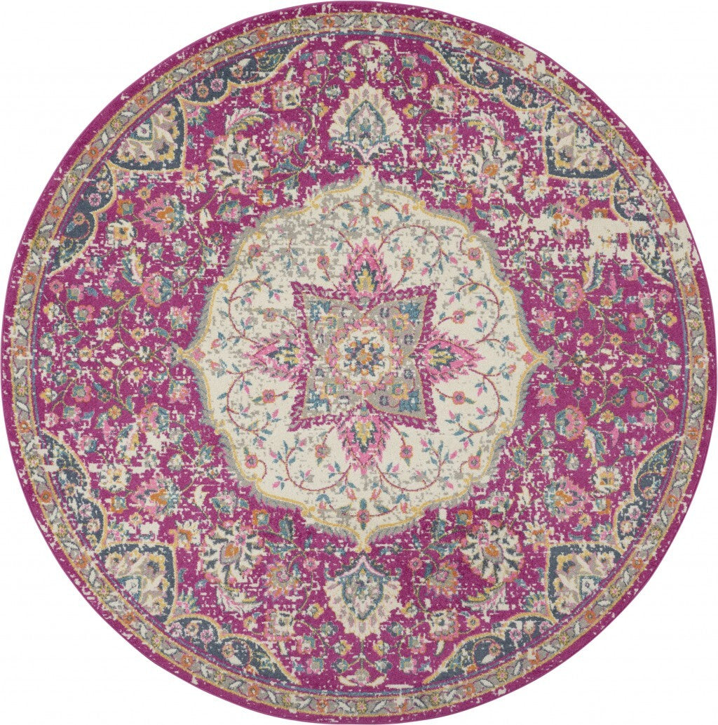 5' Round Pink And Ivory Medallion Area Rug