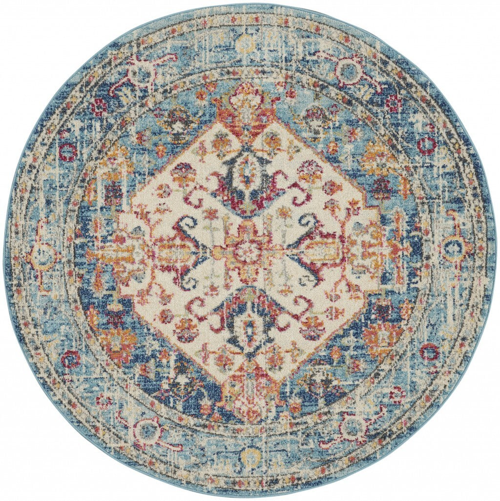 4' Round Ivory And Light Blue Distressed Area Rug