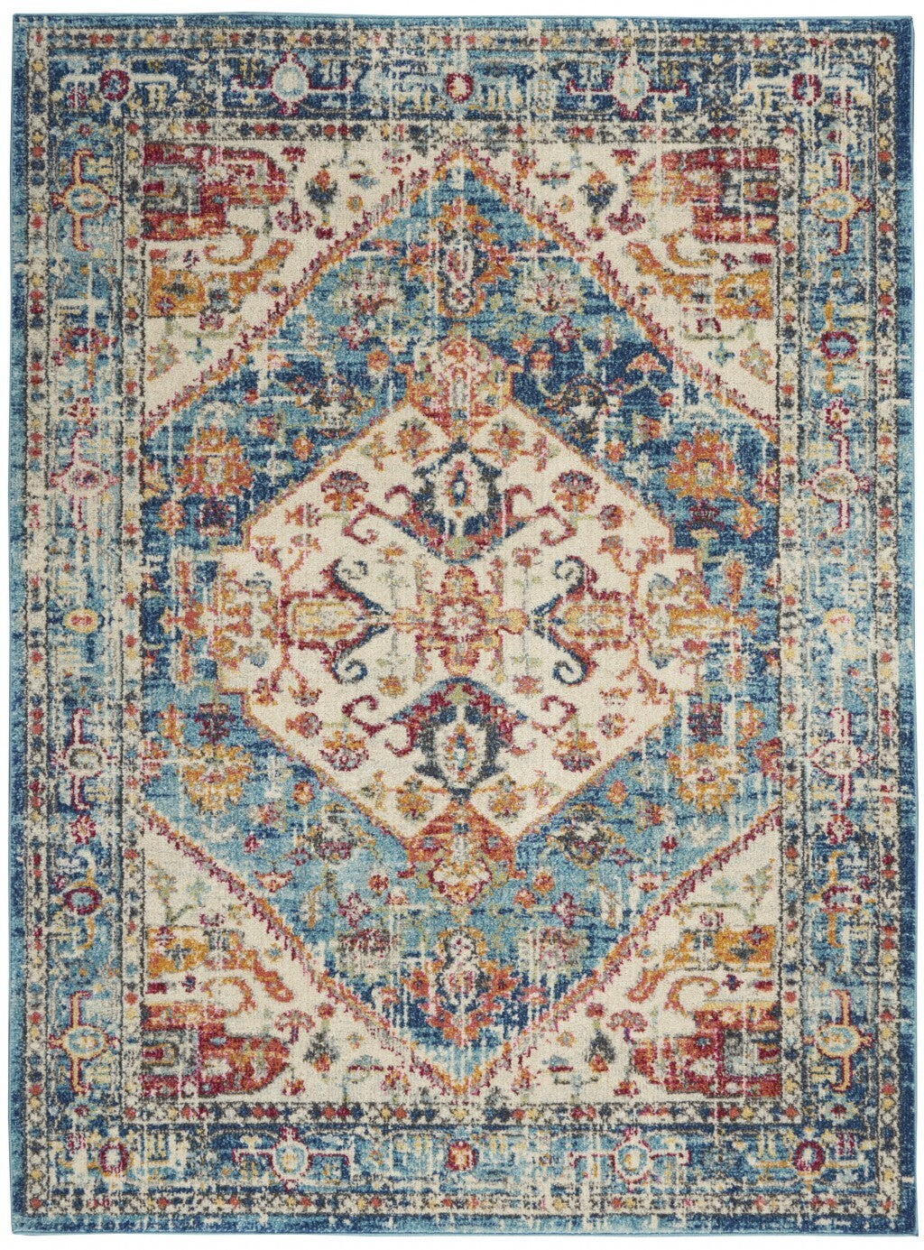 5' X 7' Ivory And Light Blue Distressed Area Rug