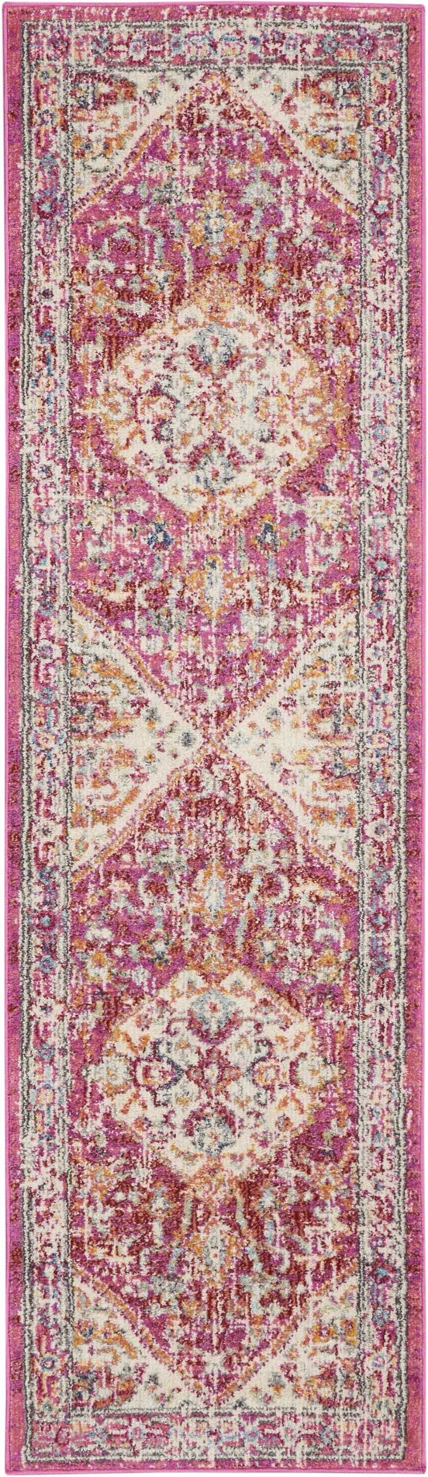 2' X 8' Ivory And Pink Oriental Runner Rug