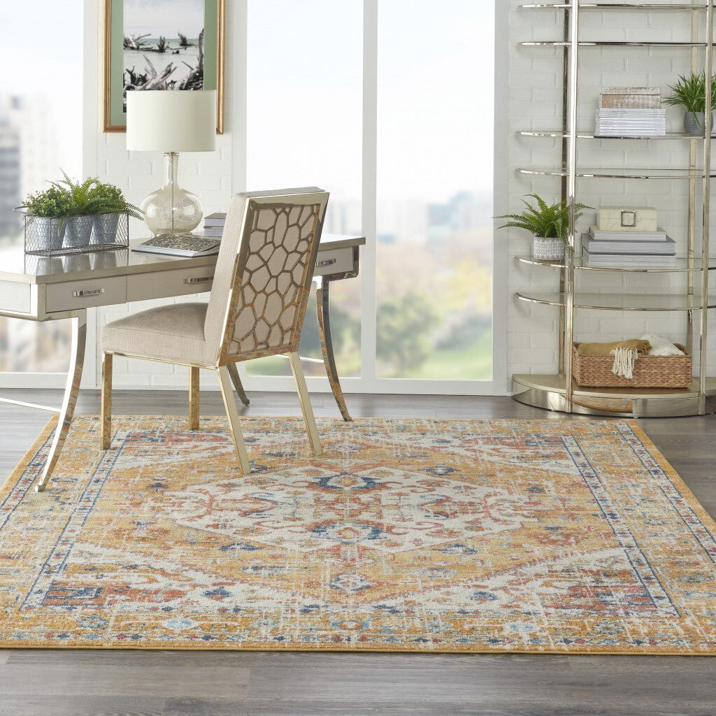 7' X 10' Ivory And Yellow Center Medallion Area Rug