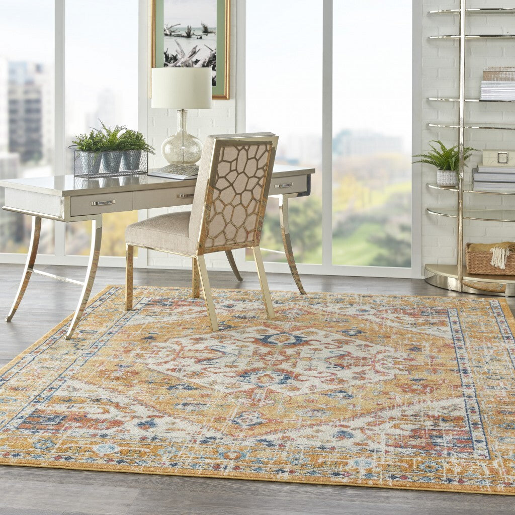 7' X 10' Ivory And Yellow Center Medallion Area Rug