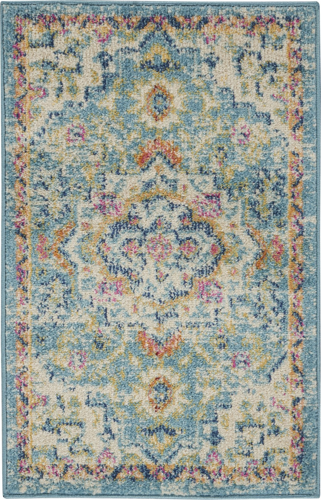 2' X 3' Light Blue And Ivory Distressed Scatter Rug