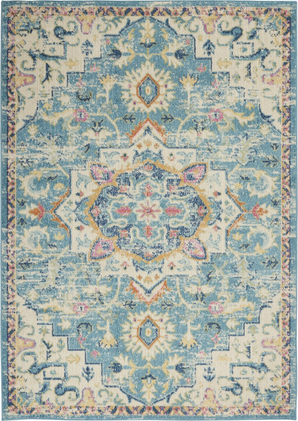 7' X 10' Light Blue And Ivory Distressed Area Rug