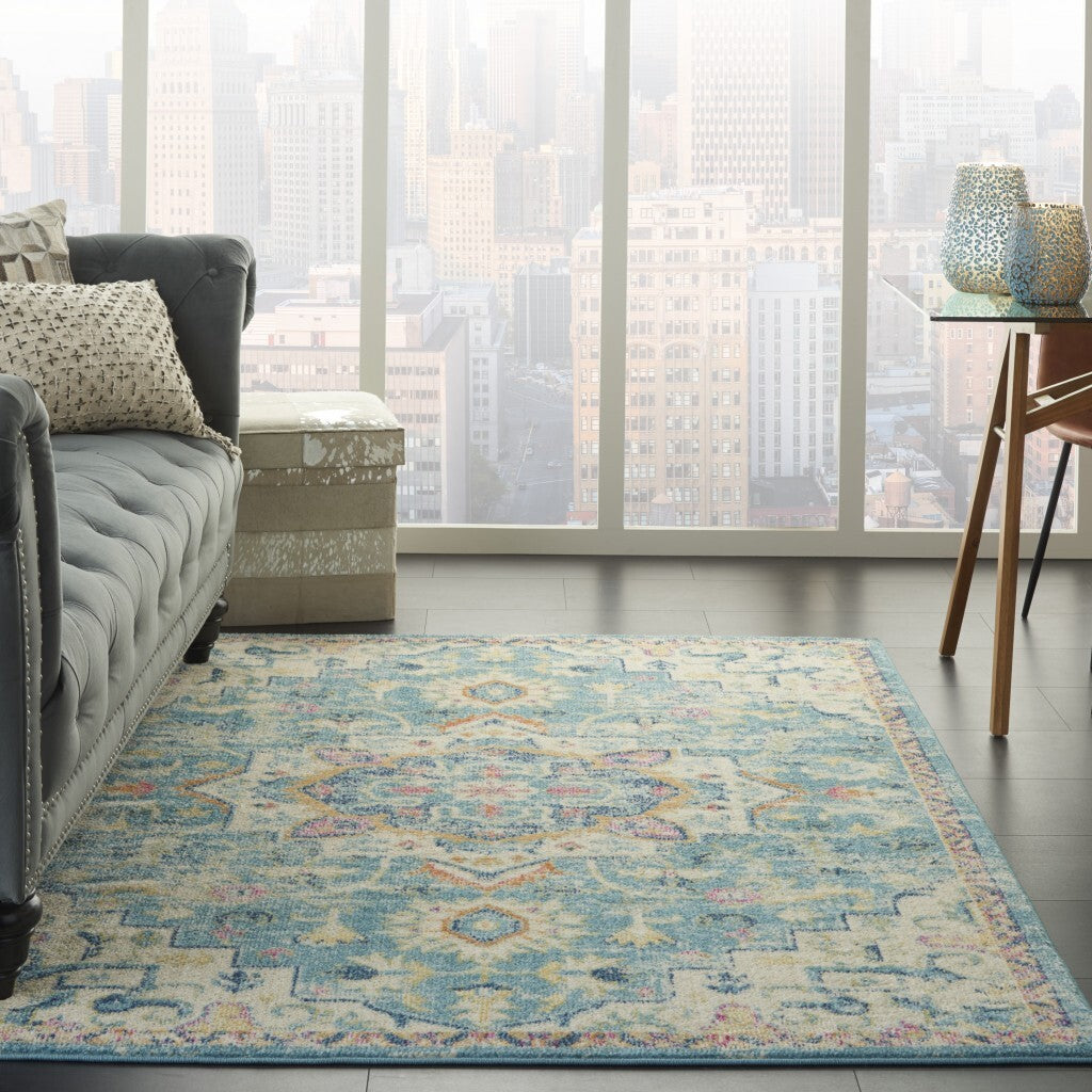 7' X 10' Light Blue And Ivory Distressed Area Rug