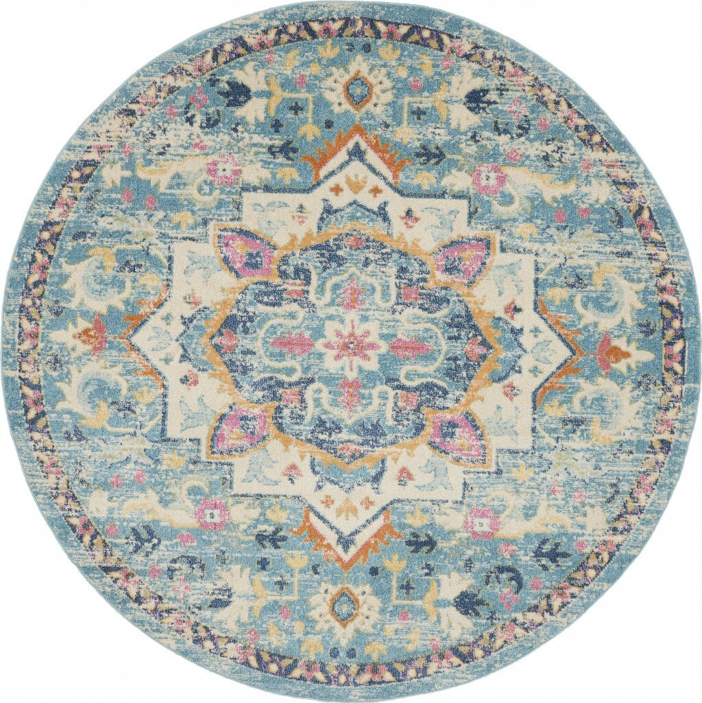 8' Round Light Blue And Ivory Distressed Area Rug
