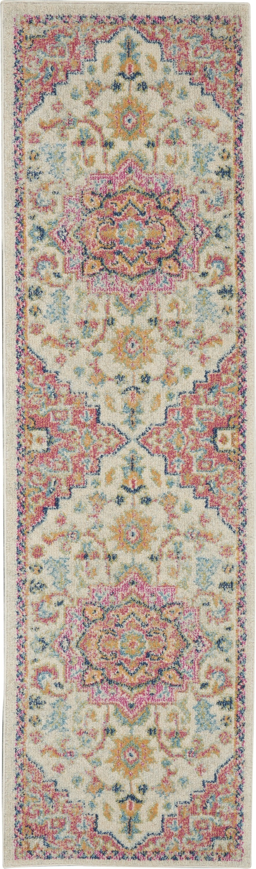 2' X 8' Ivory And Pink Medallion Scatter Rug