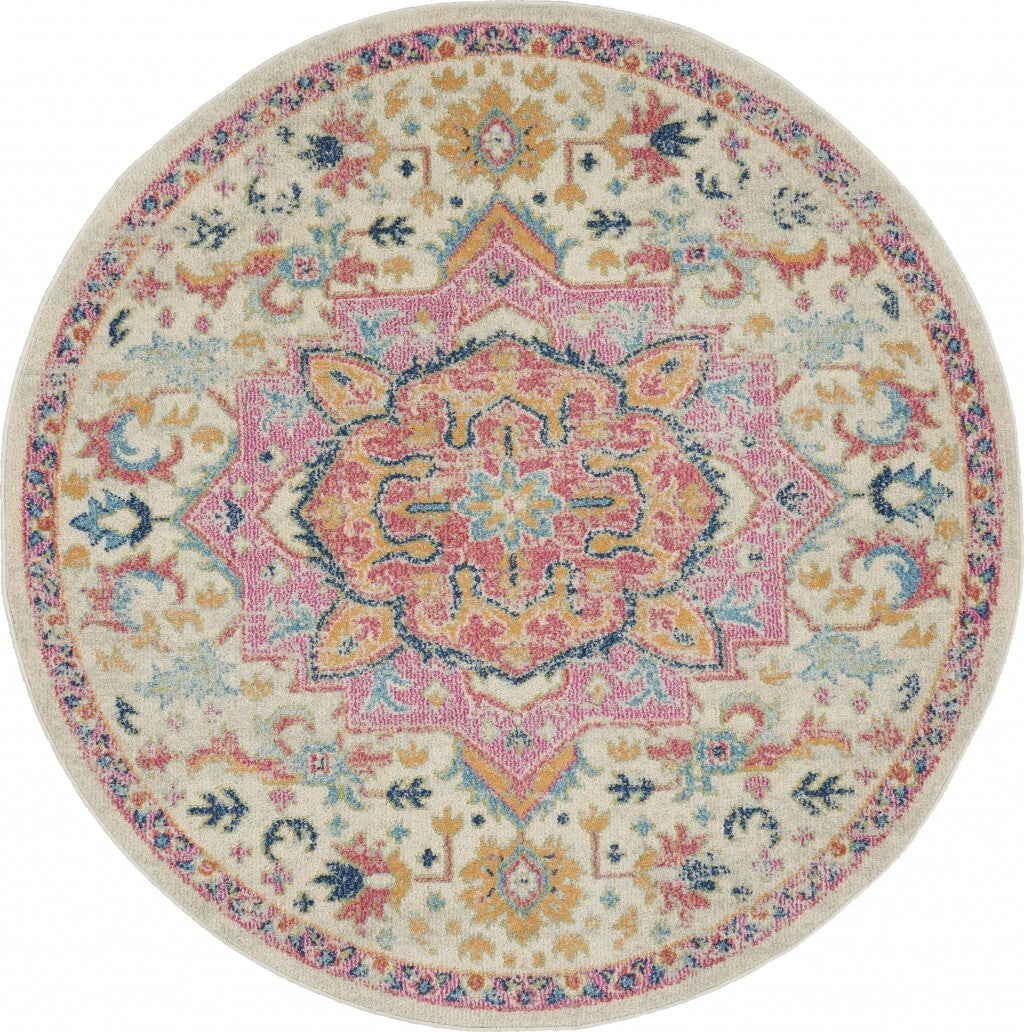 5' Round Ivory And Pink Medallion Area Rug