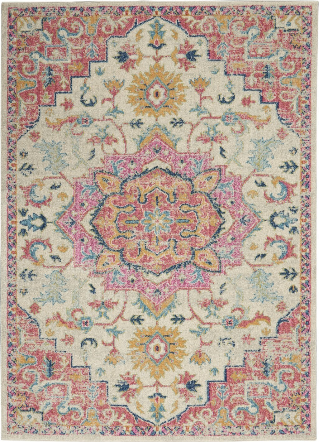 7' X 10' Ivory And Pink Medallion Area Rug