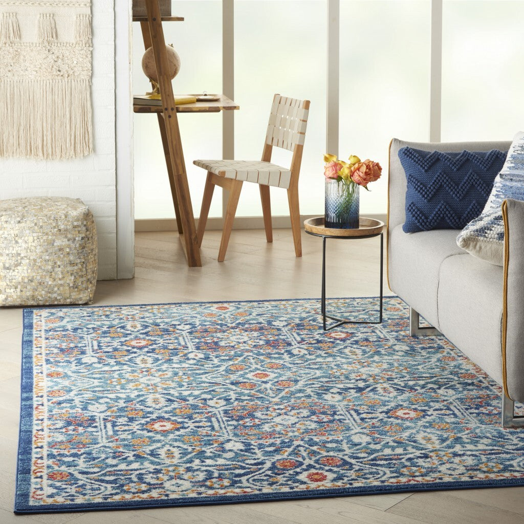 5' X 7' Blue White Multi Medallion Area Rug