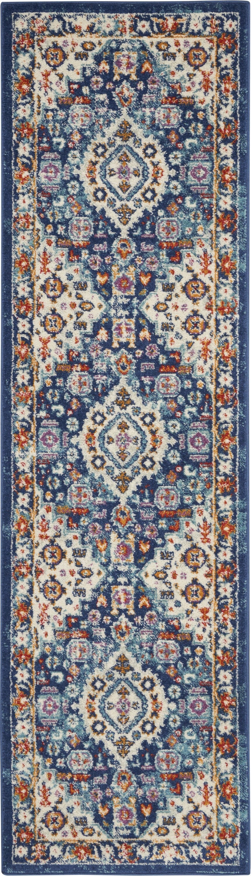 2' X 8' Blue And Ivory Medallion Runner Rug