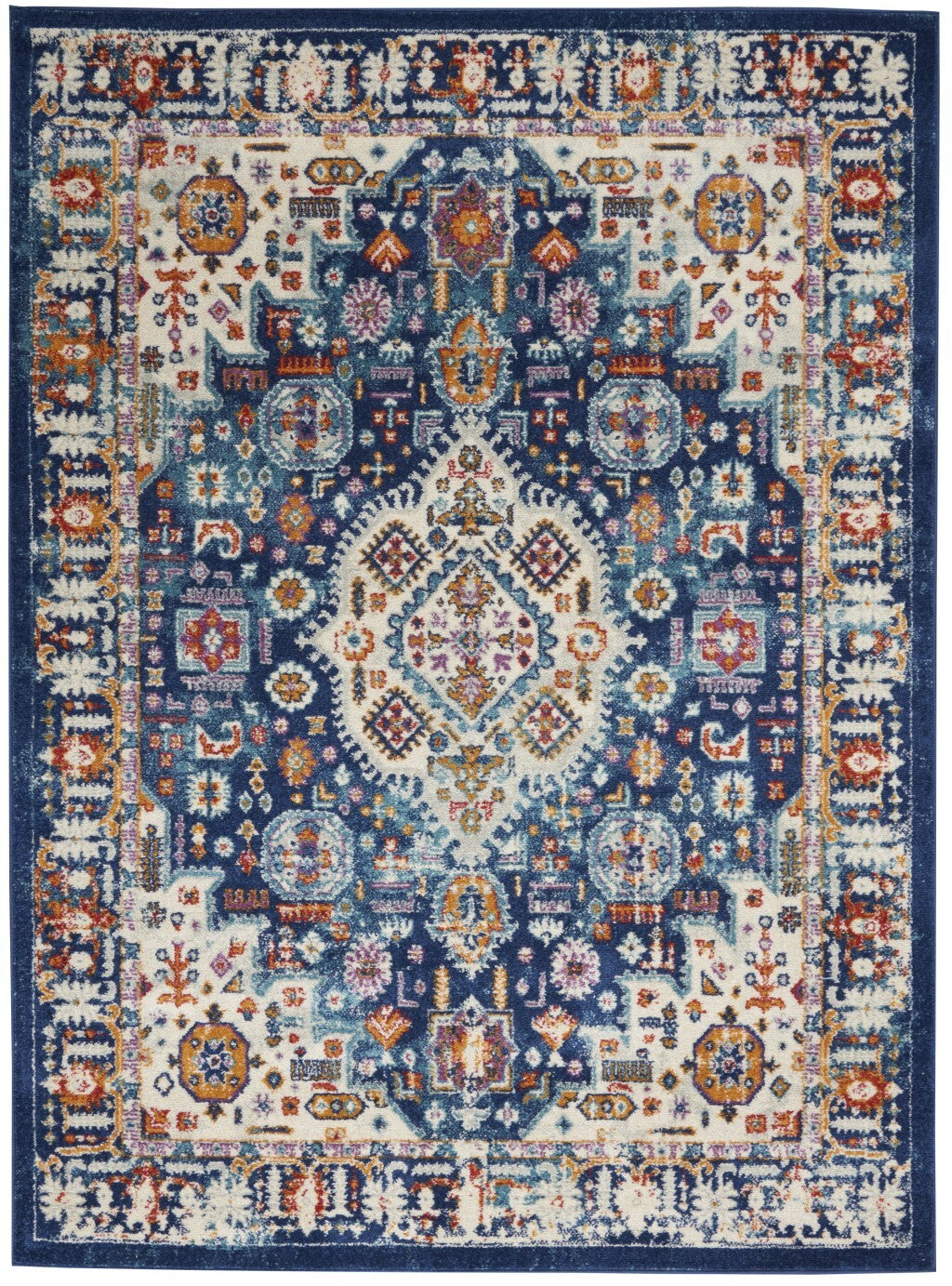 5' X 7' Blue And Ivory Medallion Area Rug