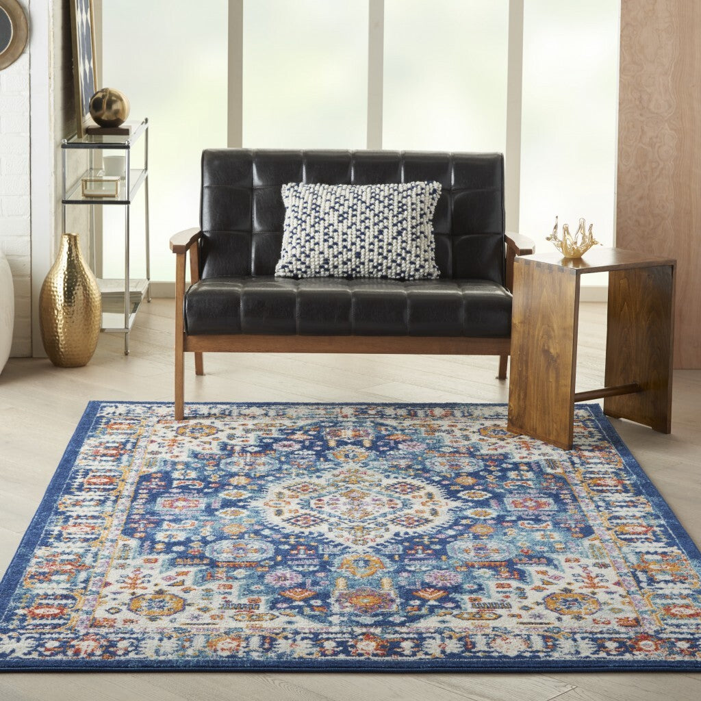 5' X 7' Blue And Ivory Medallion Area Rug