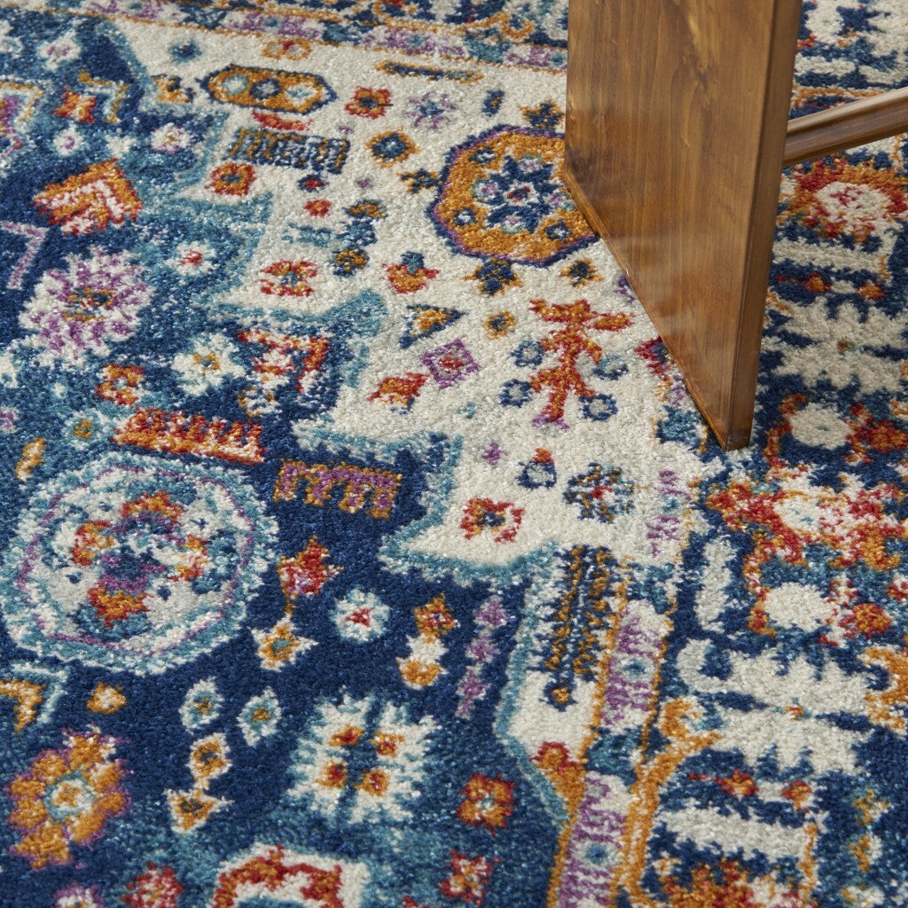 5' X 7' Blue And Ivory Medallion Area Rug