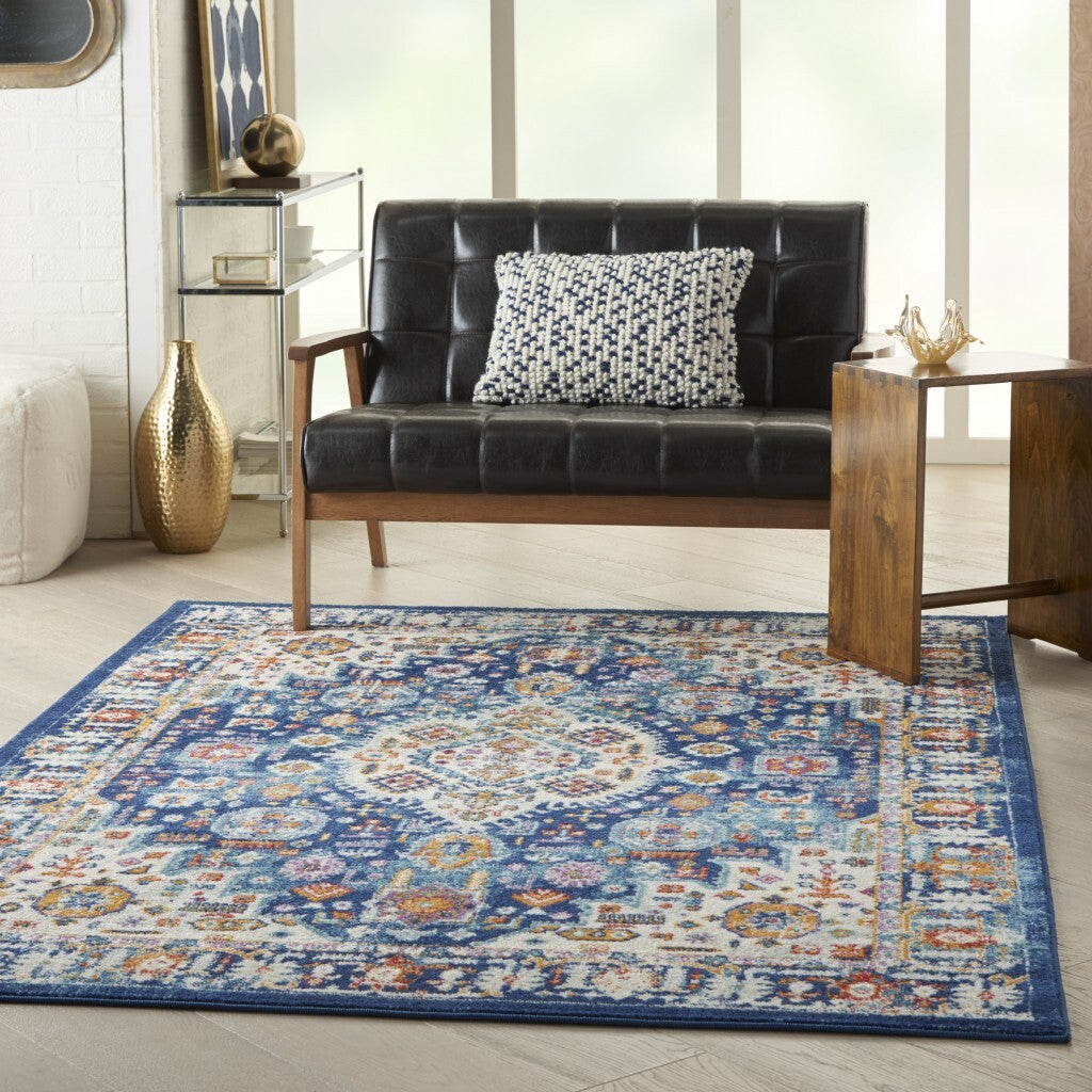 5' X 7' Blue And Ivory Medallion Area Rug