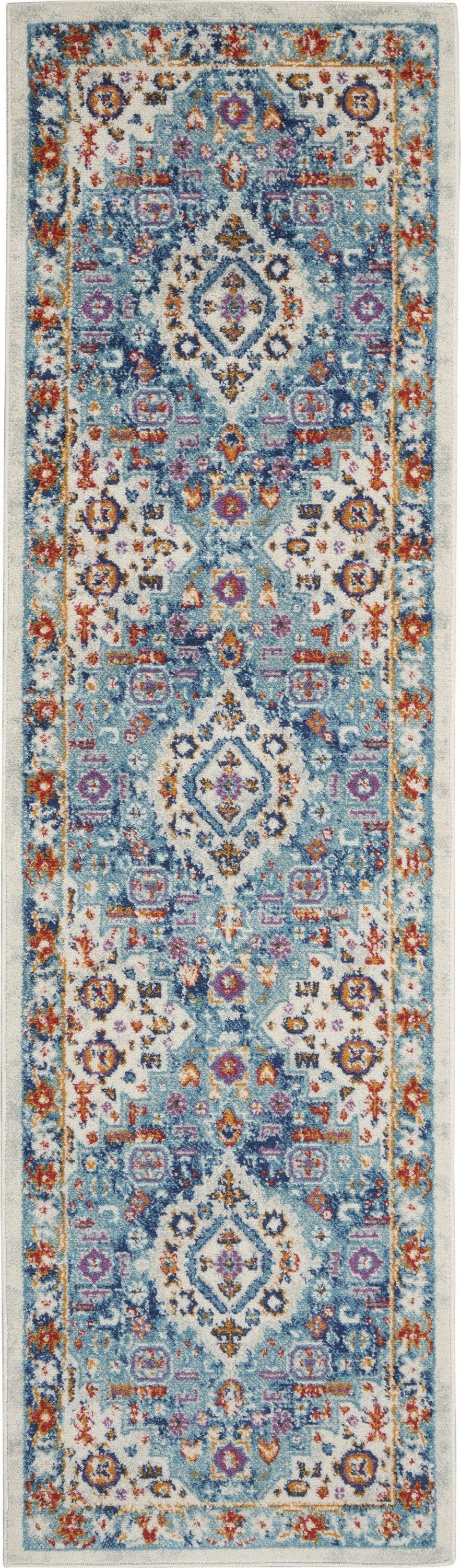 2' X 8' Ivory And Blue Floral Motifs Runner Rug