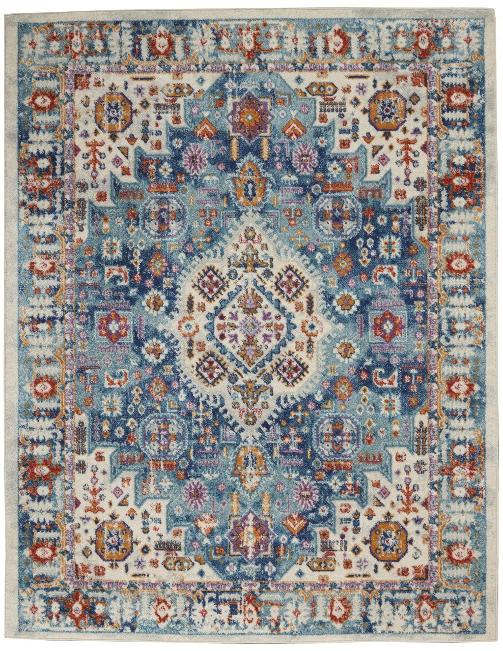 5' X 7' Ivory And Blue Floral Motifs Area Rug