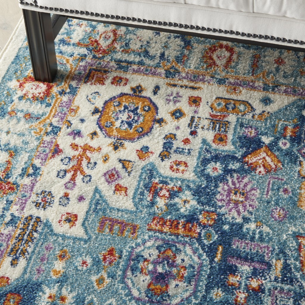 5' X 7' Ivory And Blue Floral Motifs Area Rug