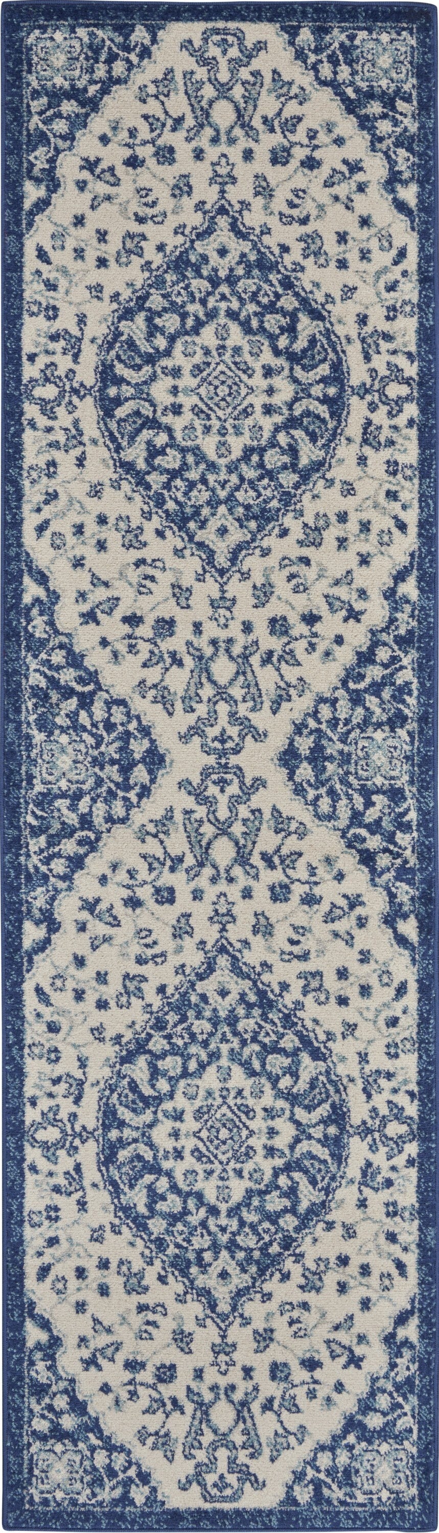 2' X 8' Ivory And Blue Medallion Runner Rug