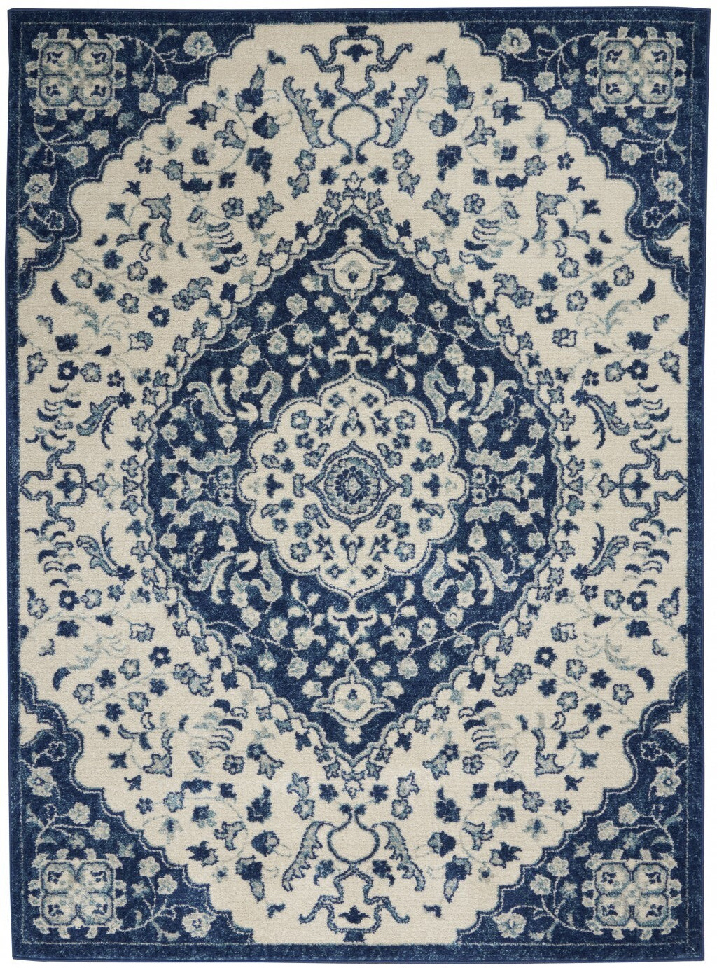5' X 7' Ivory And Blue Medallion Area Rug