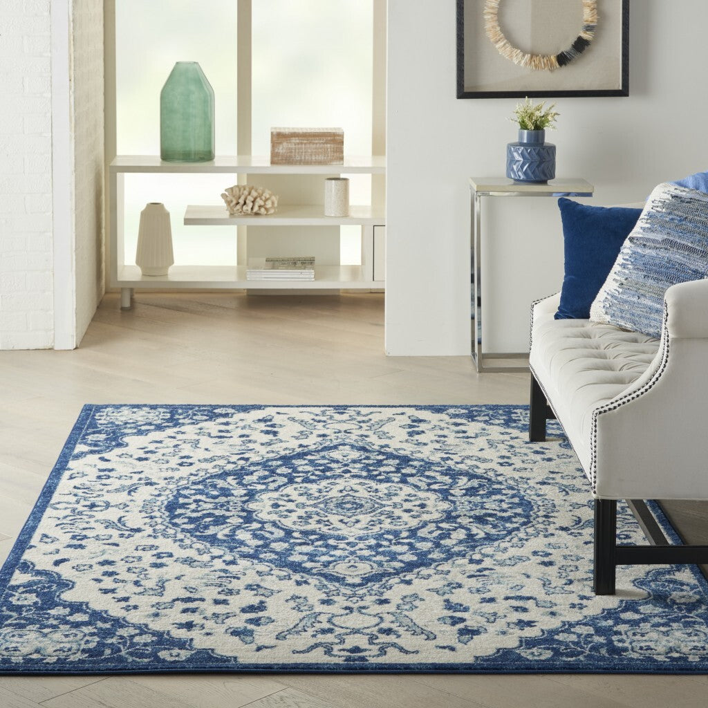 5' X 7' Ivory And Blue Medallion Area Rug